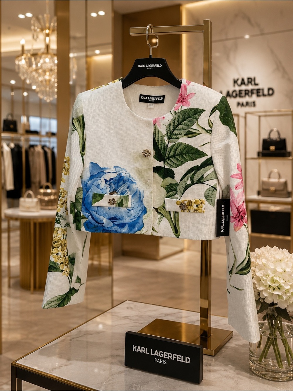 Karl Lagerfeld White Floral Cropped Blazer with Blue & Pink Florals
